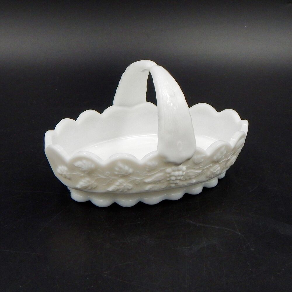 Westmoreland Milk Glass Panel Grape Split Handle Candy Dish 6.5 In Oval Basket